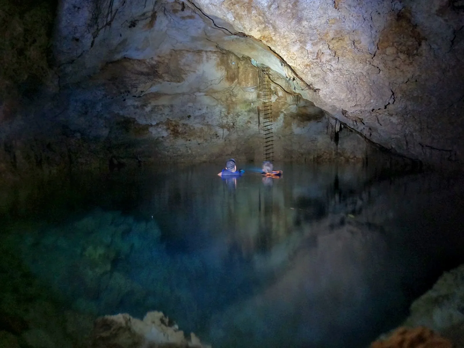 Visitors in the water of an underground cenote